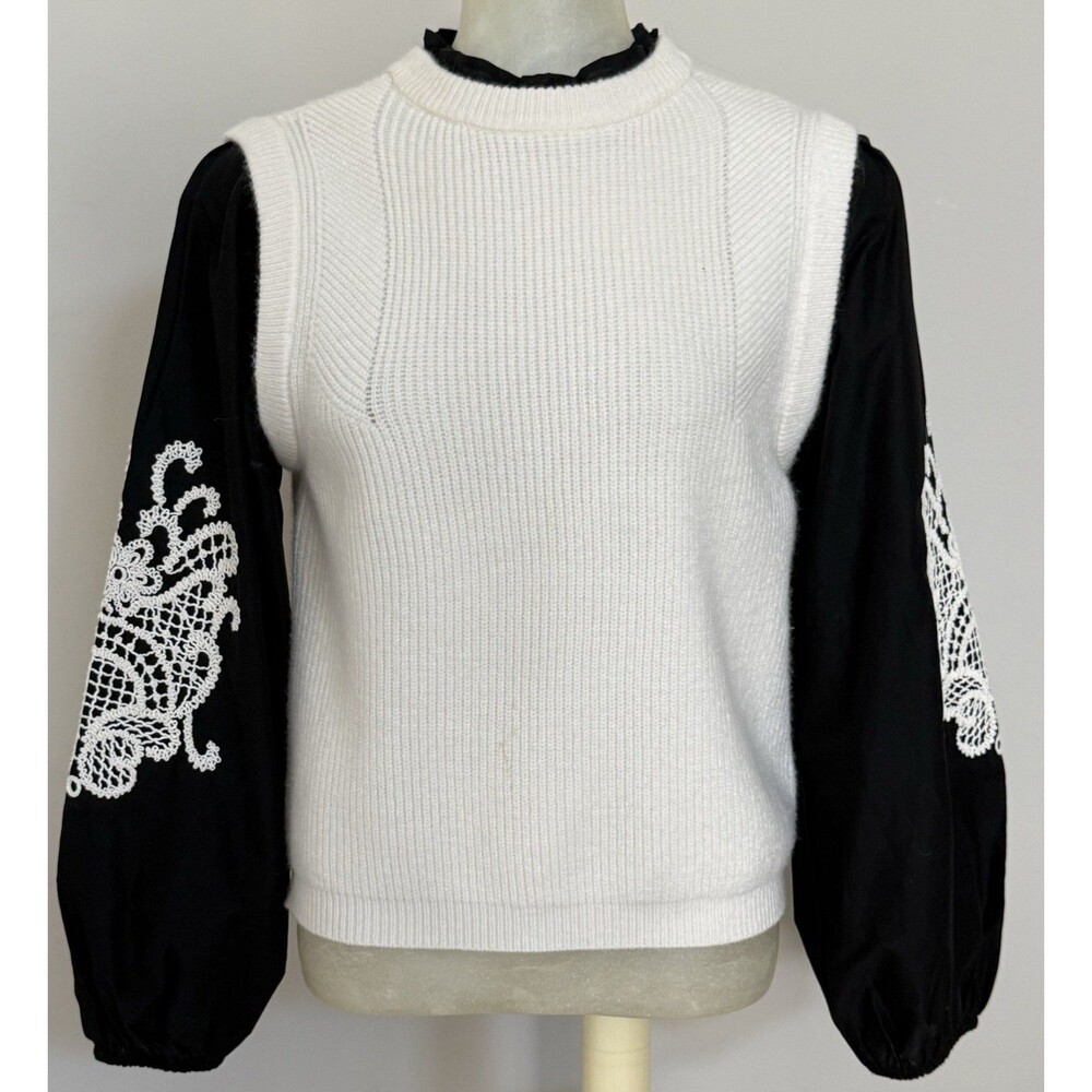 Nanette Lepore Pullover Sweater Small Black White Embroidery Ruffle  Neck Cute